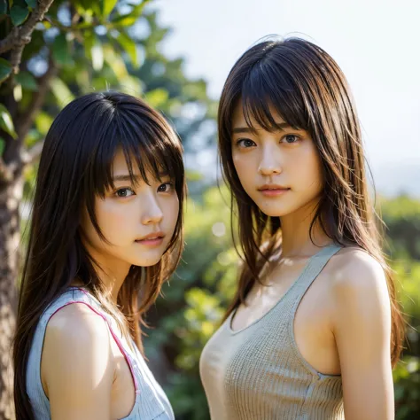 identical twin sisters、(highest quality, High resolution, masterpiece, realistic:1.2),(HDR, Bright colors),2 girls, Japanese, no...