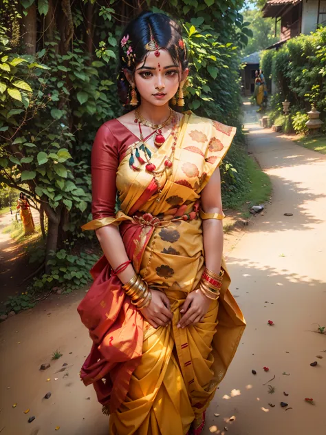 araffe woman in a yellow sari and red blouse standing on a path, wearing bihu dress mekhela sador, traditional beauty, tradition...