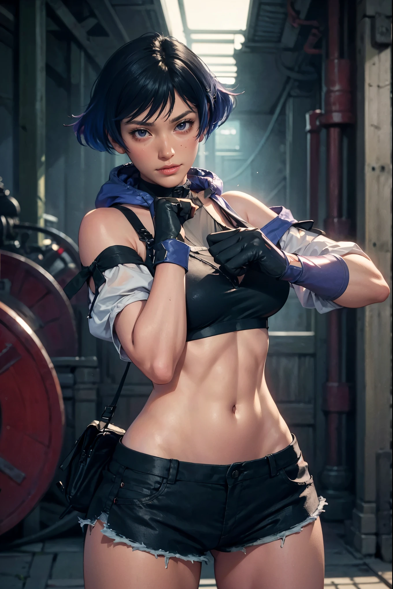 masterpiece, sexypose, Realistic, Very detailed, handsome body, Detailed body, Detailed hands, Detailed, Vibrants, Detailed Face, Reina's character design. Very detailed, Detailed body, Detailed hands, Detailed Face, anime art, extremely detailed CG unity 8k wallpaper, detailed light, Cinematic lighting, chromatic aberration, glittering, expressionless, epic composition, dark in the background, Very detailed, Detailed body, Vibrants, Detailed Face, sharp-focus, anime art, Vibrants, Detailed Face, Hugh Details, sharp-focus, Very drooping face, A detailed eye, super fine illustration, better shadow, finely detail, Beautiful detailed glow, Beautiful detailed, Extremely detailed, expressionless, epic composition, Presented at artstation, Octane Render, artstation hd, Cinematic, 4 thousand., hypermaximalist, elegant, japanese face, oriental japanese beauty face, best quality, reina, masterpiece, best quality, reina, masterpiece, best quality, reina, masterpiece, best quality, reina, masterpiece, best quality, reina, , masterpiece, best quality, reina, masterpiece, best quality, reina, purple eyes, multicolored hair, choker, bare shoulders, bare arms, large breasts, see-through, black shirt, black shorts, fingerless gloves, standing, fighting stance, pov, alleyway, grin, jabbing pose, uppercut pose, slim body, slimmer, proportional body, electric on fist