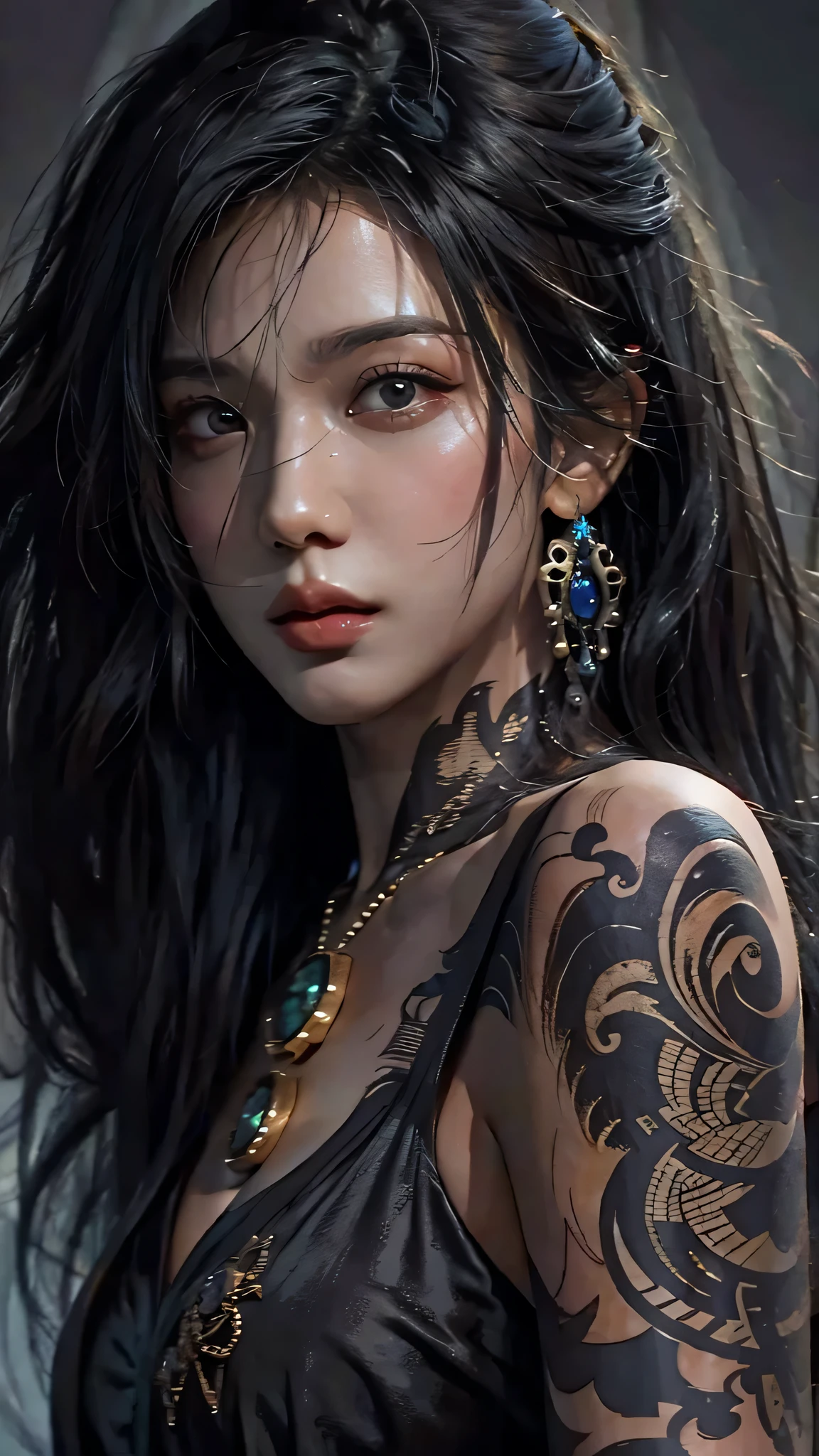 photorealistic, high resolution, soft light,1women, solo, hips up, (detailed face), jewelry, tattoo,black mafia clothing, black hair, super long hair, looking viewers, tatto, messy hair, close up, small breast, adult, holding sword