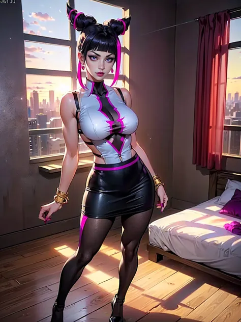 ((1girl, solo ,alone, Juri Han, pretty Juri Han from Street Fighter, big ass, purple eyes, purple eyes, thrjuri, multicolored ha...