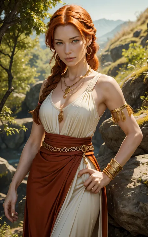Flamme, (young Lena Headey:Evangeline Lilly), A 35-year-old woman with orange hair, green eyes, sideburns, one large braid, a go...