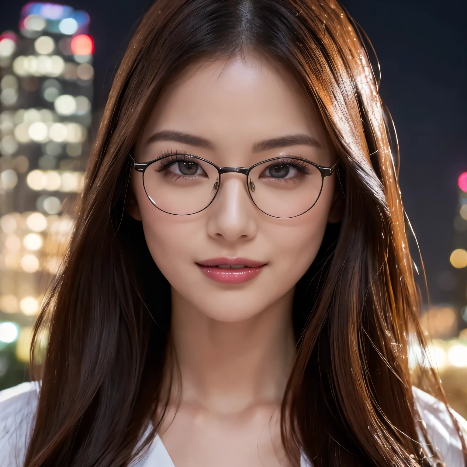 (highest quality、table top、8K、best image quality、Award-winning work)、one beautiful woman、25 years old、perfect beautiful composition、(Classy glasses:1.1)、Big breasts that are about to burst、white shirt、(Stand upright facing the front:1.1)、smile looking at me、perfect makeup、Bewitching、Overflowing sex appeal、glossy and bright lips、accurate anatomy、(close up of face:1.5)、(The most moody and romantic atmosphere:1.1)、(The most romantic blurred night scene background:1.1)、(Night view of the 40th floor seen from the roof of a skyscraper:1.2)、Beautiful face with exquisite balance、perfect makeup、Ultra high definition beauty face、ultra high definition hair、Moist eyes in super high resolution、(completely closed lips:1.2)、(Super high resolution glossy skin:1.1)、Super high resolution glossy lips