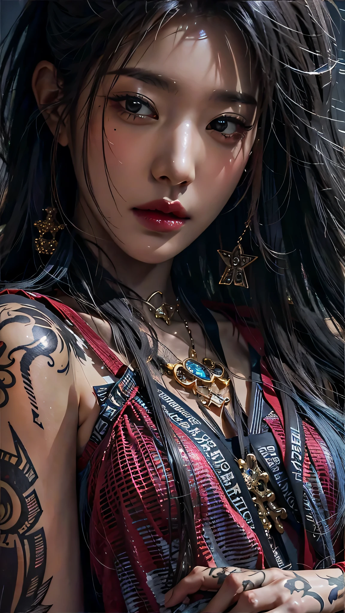 photorealistic, high resolution, soft light,1women, solo, hips up, (detailed face), jewelry, tattoo,black mafia clothing, black hair, super long hair, looking viewers, tatto, messy hair, close up, small breast, adult, holding sword