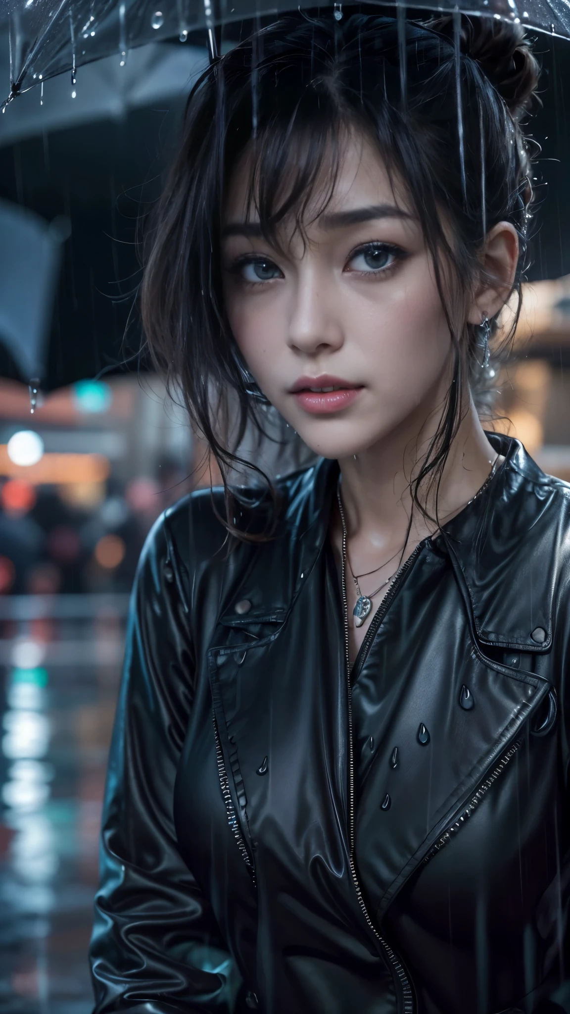 (RAW shooting, Photoreal:1.5, 8K, highest quality, masterpiece, ultra high resolution), perfect dynamic composition:1.2, Night street corner of a modern city, look up at the sky:1.3, (((Typhoon heavy rain))), Highly detailed skin and facial textures:1.2, Slim office lady wet in the rain:1.3, sexy beauty:1.1, perfect style:1.2, beautiful and aesthetic:1.1, Fair skin, very beautiful face, water droplets on the skin, (rain drips all over my body:1.2, wet body, wet hair:1.4, wet office skirt:1.2, wet office lady uniform:1.3), belt, (Medium chest, Bra is transparent, Chest gap), (look of resignation, embarrassing smile, The expression on your face when you feel intense caress, Facial expression when feeling pleasure), (beautiful blue eyes, Eyes that feel beautiful eros:0.8), (Too erotic:0.9, Bewitching:0.9), cowboy shot, Shoulder bag, necklace, earrings, bracelet, clock