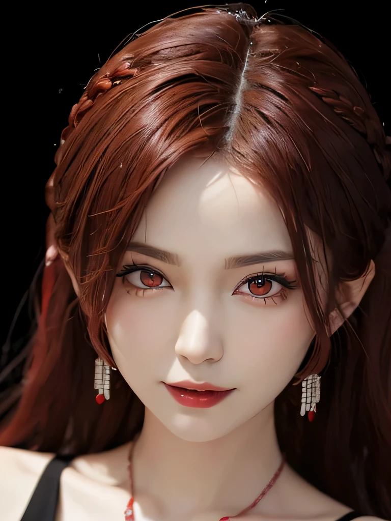 (in the dark:1.6), 1 girl, in the dark, deep shadow, secret key,cowboy shot,(formal wear:1.4) ,long wavy hair,redhead,clavicle、flame background、redhead、red background、red spirit clothes、earrings、necklace、red tattoo、red eyes、she is a spirit、close up of face、red eyes、close up of face、red eyes、look up、red fairy costume、red headband、red eyes、Braid、bright red lipstick、Fire Devil、red eyes、redhead、red eyes、赤いflame background、bright red eyes、twin tails、smile、小さなteethが見える、teeth、red eyes、clavicle、red bandana、angerの炎、red cheeks、flame hair、鋭い八重teeth、big fangs、Devil incarnation、anger、