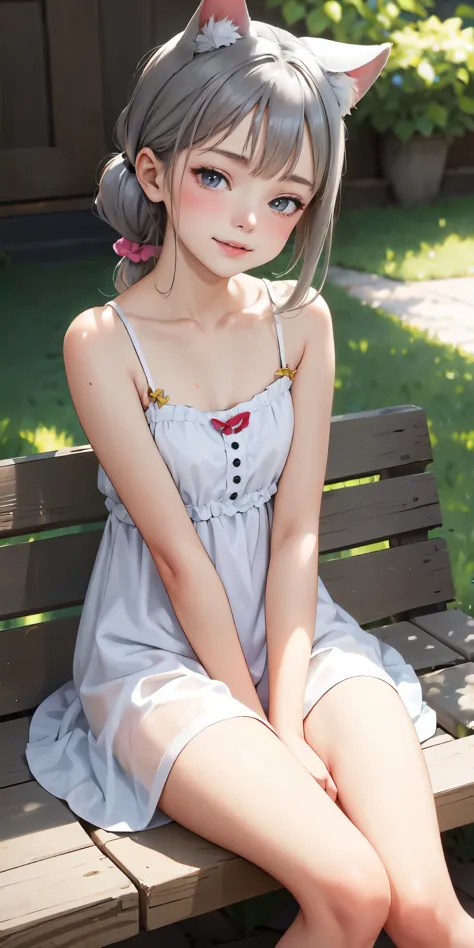 (best quality),18yo,   summerdress, gray hair,scrunchie,nekomimi  , sitting , (smile:0.8),