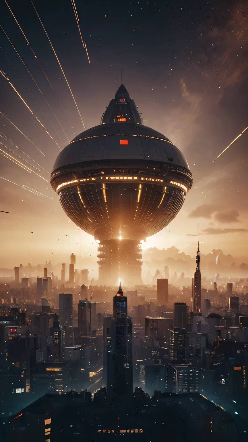 (iluminação da hora dourada), Paisagem urbana de uma metrópole extraterrestre, combinação de guerra nas estrelas&#39; Cidades futuristas como Coruscant e Disneylândia), Conglomerado de metal e vidro de Villes y Lascasieros com arquitetura futurista e tecnológica, alguns alienígenas estão andando por aí, janela iluminada, tudo está cheio de imaginação, ficção científica e (Detalhes intrincados da máquina).Imagens fotorrealistas, nitidez máxima, Qualidade 8k.(Uma obra-prima da mais alta qualidade). 3D. ciberpunk, Tecnologia do século 25
