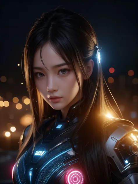 (high quality), (masterpiece), (detailed), 8k, hyper-realistic portrayal of a futuristic (1girl1.2), japanese character illumina...