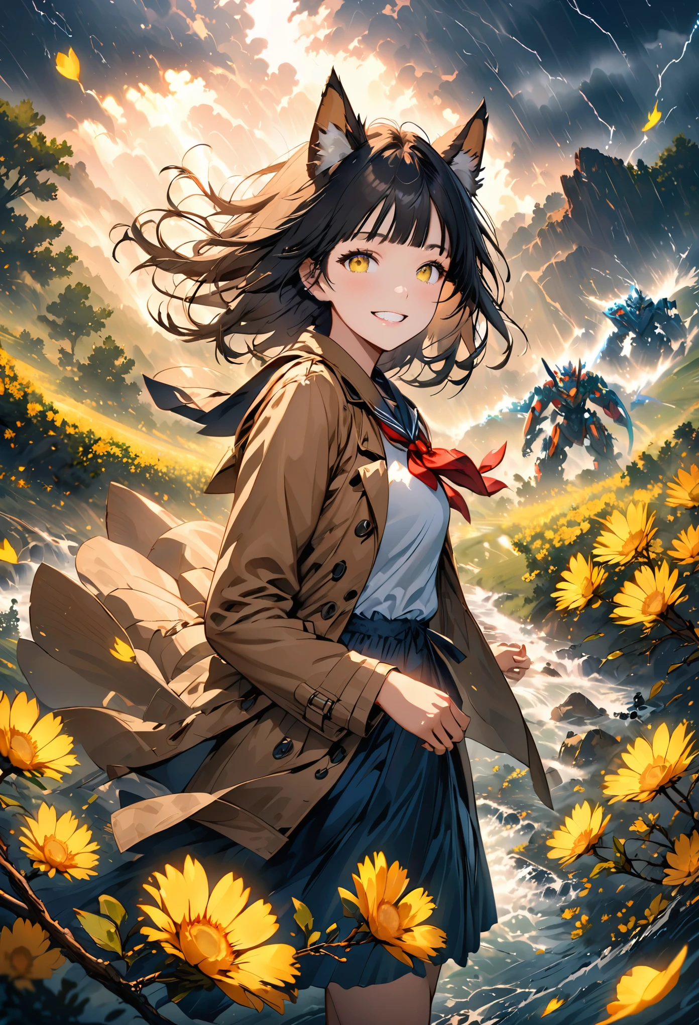  Flowers meadow, (((storm)), fox ears, grin, blunt bangs, neckerchief, trench coat, roller skates, dragons in background, stream, rim light, There are many scattered luminous petals,Hidden in the light yellow flowers,Depth of field,Many scattered leaves,branch ,solo,solo,solo,look at the viewer,（robot）