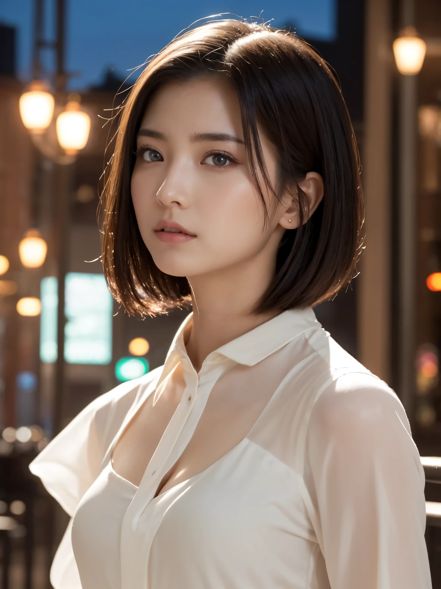 1 girl, (wearing a white blouse:1.2), (Raw photo, highest quality), (realistic, Photoreal:1.4), table top, very delicate and beautiful, very detailed, 2k wallpaper, wonderful, finely, Very detailed CG Unity 8k 壁紙, Super detailed, High resolution, soft light, beautiful detailed girl, very detailed目と顔, beautifully detailed nose, detailed and beautiful eyes, cinematic lighting, night city lights, perfect anatomy, slender body, sensual look、big breasts
