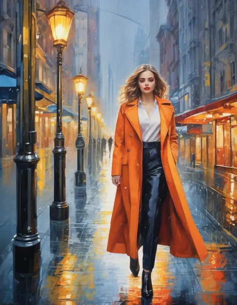 (best quality,highres,masterpiece:1.2),ultra-detailed,realistic,photorealistic:1.37,city rain,beautiful elegant woman walking in...