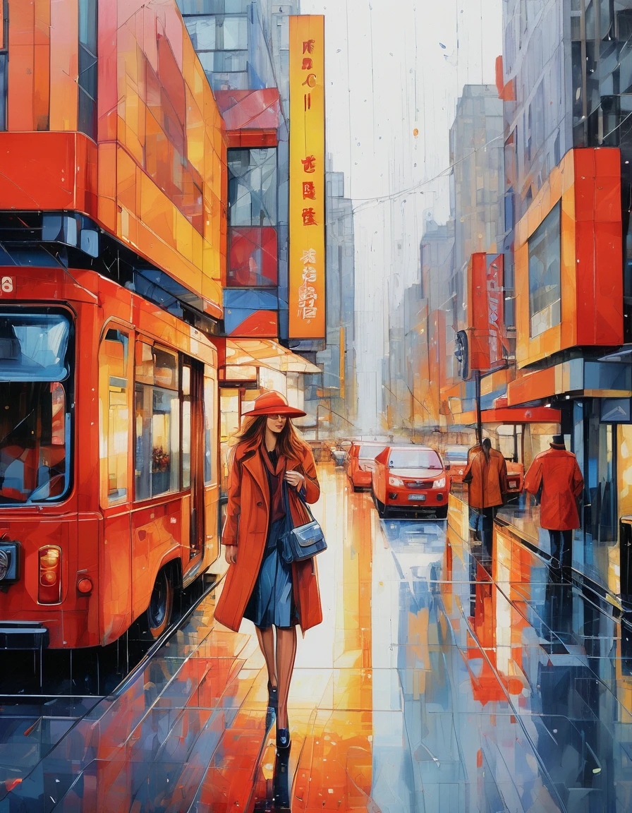 (best quality,highres,masterpiece:1.2),ultra-detailed,realistic,photorealistic:1.37,city rain,beautiful elegant woman walking in the city, detailed eyes,detailed lips, detailed face, long eyelashes, elegant appearance, confident and calm, wearing a stylish coat, walking gracefully, surrounded by modern buildings, wet streets reflecting the lights, vibrant cityscape, soft and cool color tone, gentle city lights, light raindrops falling from the sky, creating a serene and peaceful atmosphere