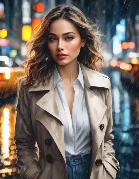 (best quality,highres,masterpiece:1.2),ultra-detailed,realistic,photorealistic:1.37,city rain,beautiful elegant woman walking in...