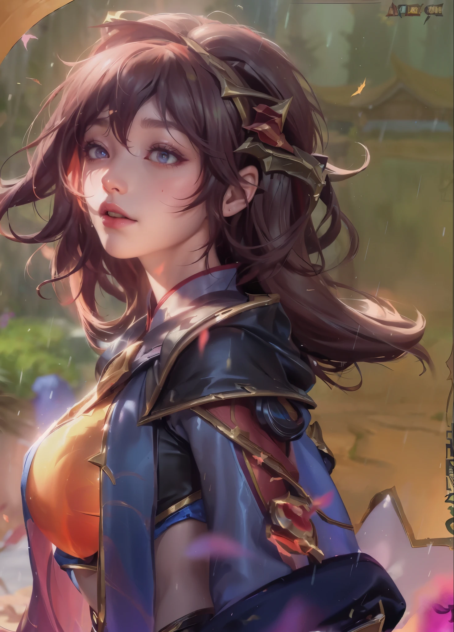 (League of Legends:1.5), (Detailed comic illustrations:1.2),(masterpiece:1.25),(best quality), (Super detailed:1.25),(idyllic),Chinese classical style, (rain:1.2),raindrop, (maple grove:1.3),dense leaves, rockery landscape, spring, [ink painting], (sorrow, bitterness), (splash of color:1.15),(watercolor:1.2),(depth of field:1.25),(alone:1.5) ,[Oni region], backlight, [look to the side], (1 beautiful girl:1.25) and (Chinese Hanfu: deep red+Black),(Chinese antiquities) andGorgeous,(Headbands),(fox ears),(Delicate and beautiful red eyes:1.15), (pretty face:1.15), (Black long hair, gradual deep red colored tips), (fox tail),(maple leaf, fallen leaves),Soak your feet, Poker face, sitting under the maple tree,Realistic quadratic