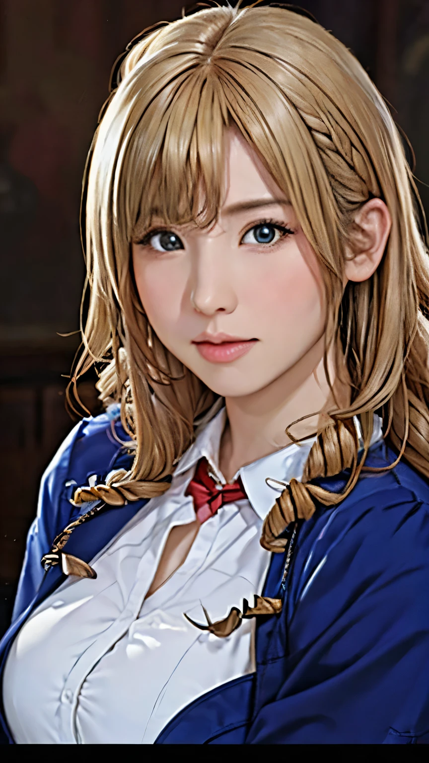 (8ก, highest quality: 1.2), very detailed, Thorough solution, (realistic, realistic photo: 1.37), portrait, High resolution RAW color photograph, arrested in the line of duty, High resolution and beautiful, High resolution, 8ก Image Wallpaper, amazing details, large file size, very detailed美少女, very detailed face, Finely defined eyes, Fine skin texture., All features are clearly displayed., The contours of the fingers are also well-shaped..., the nose has the correct shape., expressive lips, perfect anatomy, background is not blurred, one story, (20:1.2), 20th generation, pretty girl, realistic, (Vertical winding drill with long blonde hair:1.3), (blue iris), (school uniform)