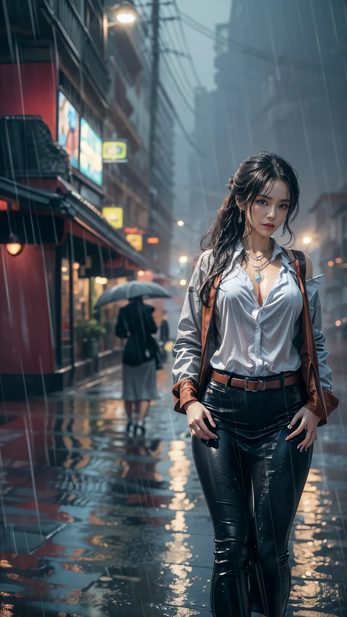 (RAW shooting, Photoreal:1.5, 8K, highest quality, masterpiece, ultra high resolution), perfect dynamic composition:1.2, Night street corner of a modern city, look up at the sky:1.3, (((Typhoon heavy rain))), Highly detailed skin and facial textures:1.2, Slim office lady wet in the rain:1.3, sexy beauty:1.1, perfect style:1.2, beautiful and aesthetic:1.1, Fair skin, very beautiful face, water droplets on the skin, (rain drips all over my body:1.2, wet body, wet hair:1.4, wet office skirt:1.2, wet office lady uniform:1.3), belt, (Medium chest, Bra is transparent, Chest gap), (look of resignation, embarrassing smile, The expression on your face when you feel intense caress, Facial expression when feeling pleasure), (beautiful blue eyes, Eyes that feel beautiful eros:0.8), (Too erotic:0.9, Bewitching:0.9), cowboy shot, Shoulder bag, necklace, earrings, bracelet, clock