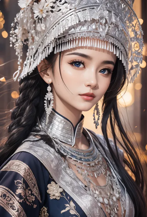 (masterpiece，high quality，8k).beautiful girl，exquisite facial features，skin details，bright eyes，unique，minority，silver，silver的头饰...