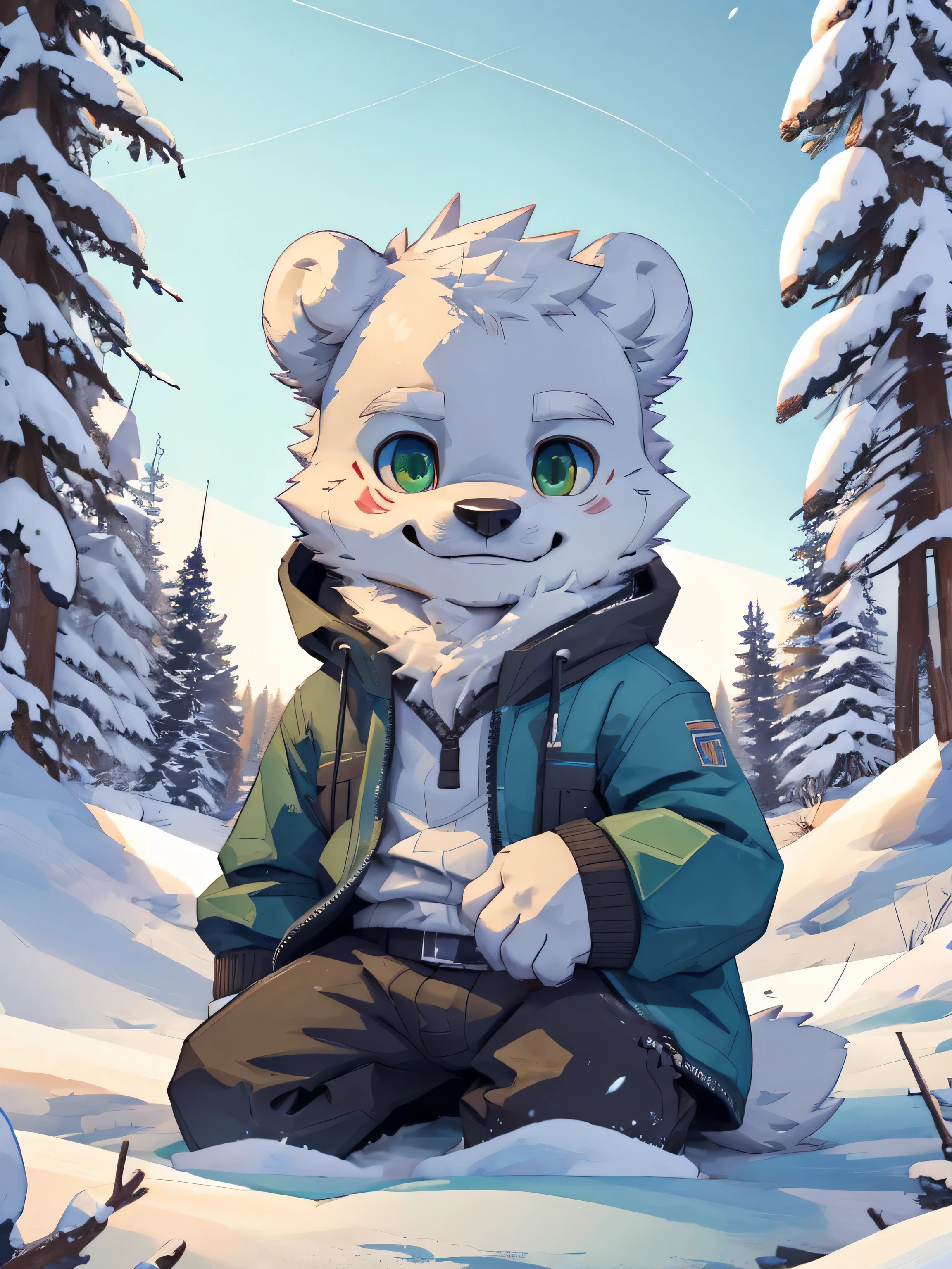 Furry again,alone,Shota,arctic bear,emerald green eyes(Realistic and accurate eye details),bounce,Wear snow skiing clothes.,Sitting in a pile of snow under a pine tree,It&#39;s snowing,evening,Yeonsaeng,HDR,4k,chibi