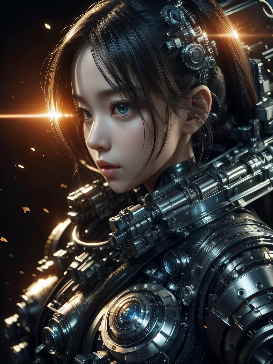 (high quality), (masterpiece), (detailed), 8K, Hyper-realistic portrayal of a futuristic (1girl1.2), Japanese character amidst intricate engine components. Meticulous details capture the fusion of human and machine elements in this visually stunning composition. Trending on Artstation.