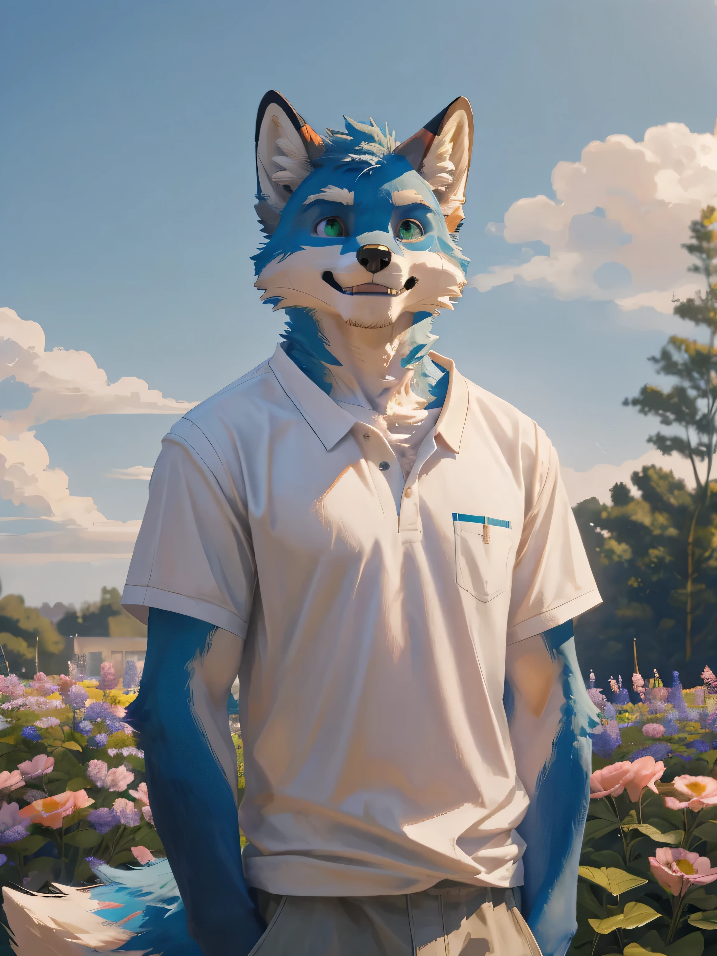 Maximum image detail,realistic atmosphere,Maximum clarity,sky,sunny weather.,flower garden,(Furry Anthro,alone,blue fur fox,man,green eyes,Wear casual clothes,Post a cheerful pose),realistic light,ย้อนlight,light,dynamic