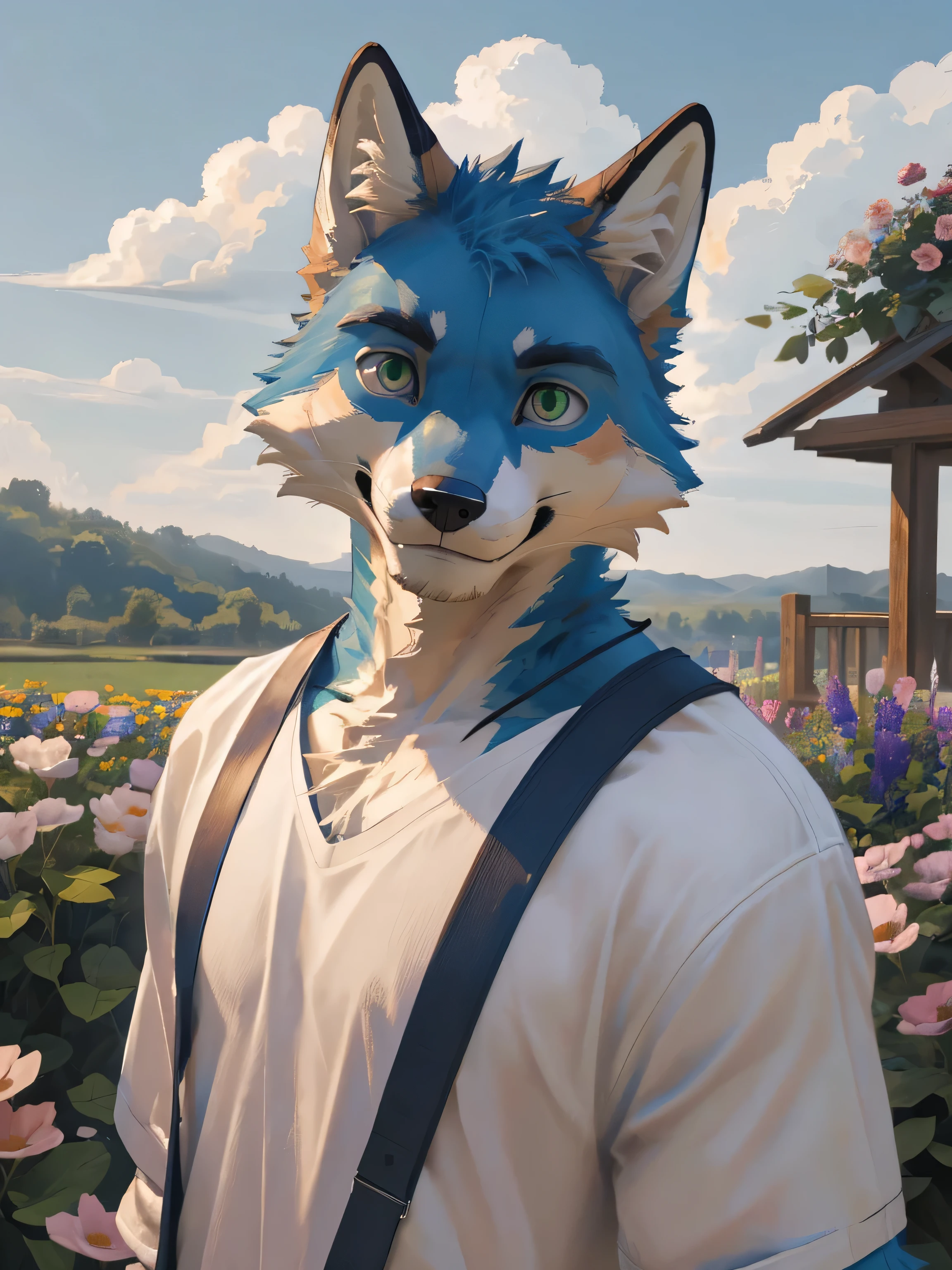 Maximum image detail,realistic atmosphere,Maximum clarity,sky,sunny weather.,flower garden,(Furry Anthro,alone,blue fur fox,man,green eyes,Wear casual clothes,Post a cheerful pose),realistic light,ย้อนlight,light,dynamic