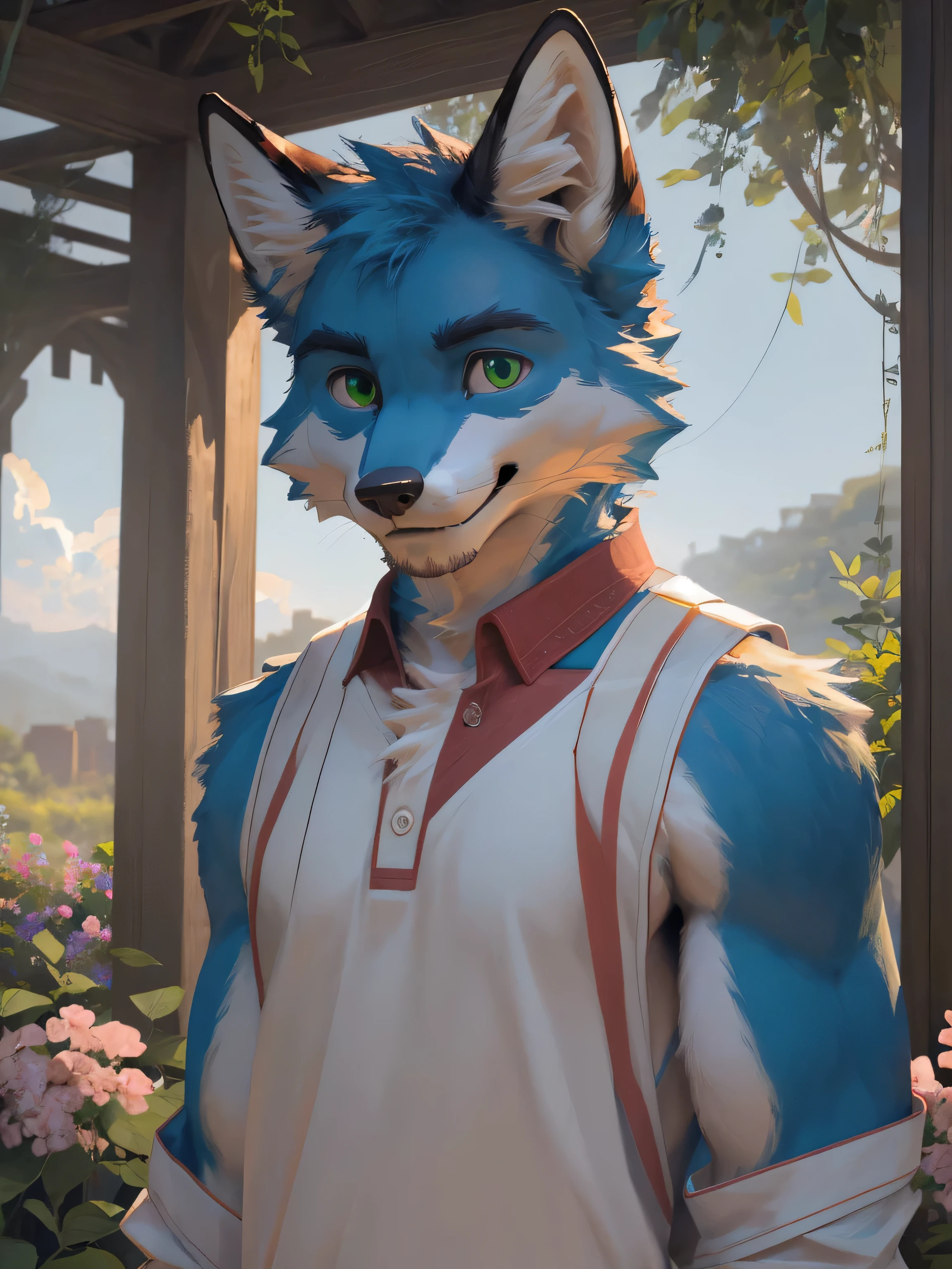 Maximum image detail,realistic atmosphere,Maximum clarity,sky,sunny weather.,flower garden,(Furry Anthro,alone,blue fur fox,man,green eyes,Wear casual clothes,Post a cheerful pose),realistic light,ย้อนlight,light,dynamic