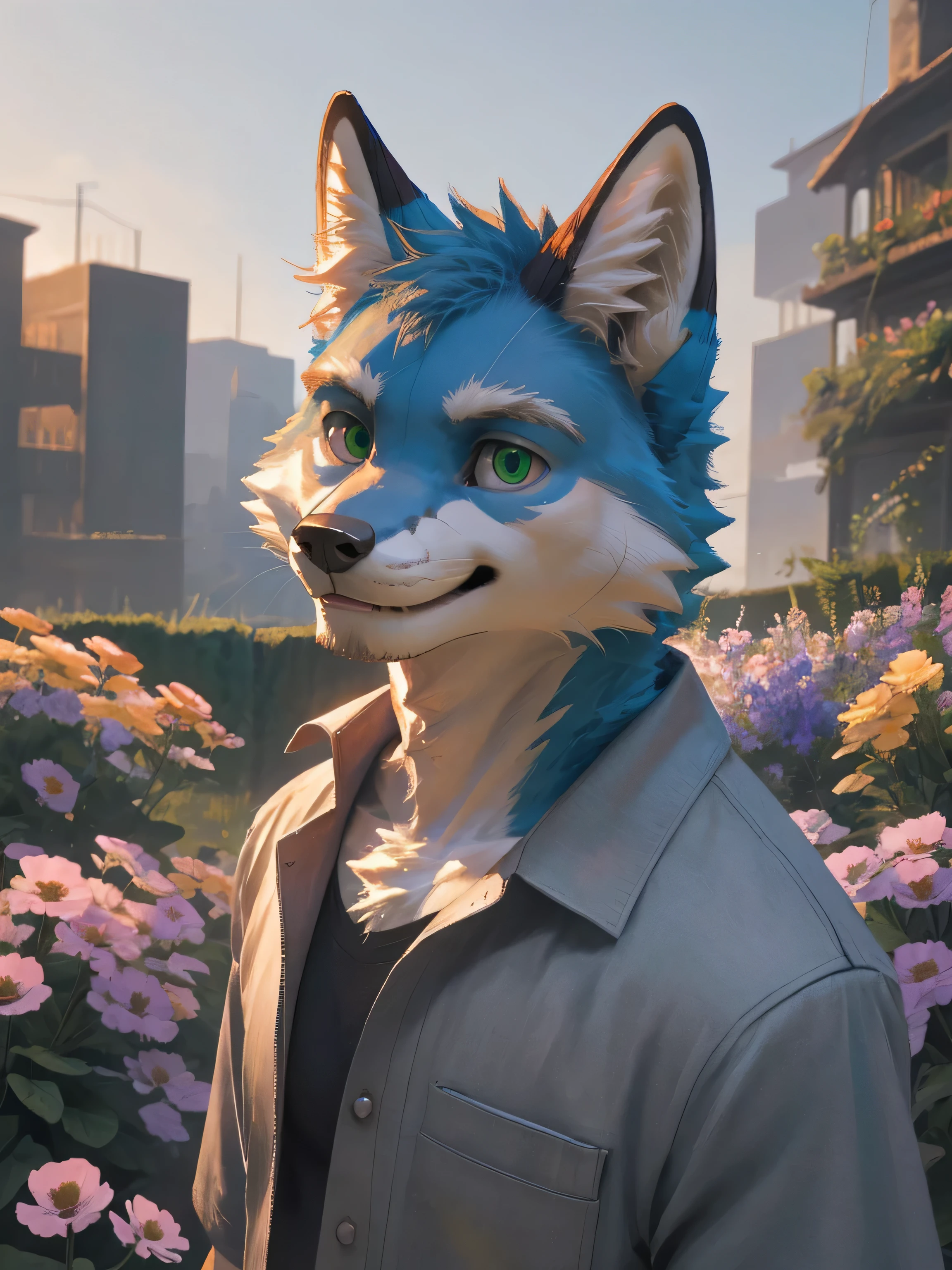 Maximum image detail,realistic atmosphere,Maximum clarity,sky,sunny weather.,flower garden,(Furry Anthro,alone,blue fur fox,man,green eyes,Wear casual clothes,Post a cheerful pose),realistic light,ย้อนlight,light,dynamic