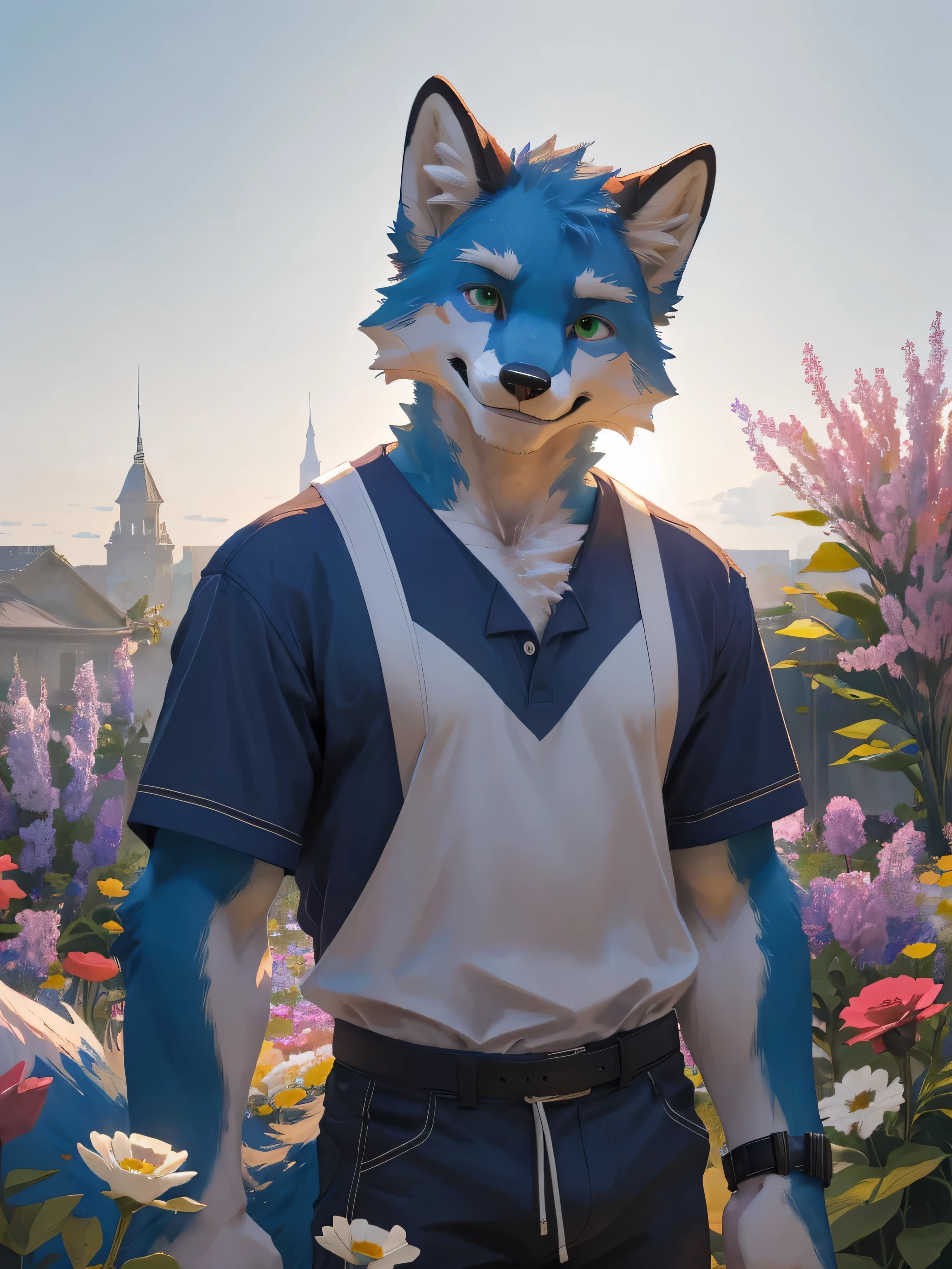 Maximum image detail,realistic atmosphere,Maximum clarity,sky,sunny weather.,flower garden,(Furry Anthro,alone,blue fur fox,man,green eyes,Wear casual clothes,Post a cheerful pose),realistic light,ย้อนlight,light,dynamic