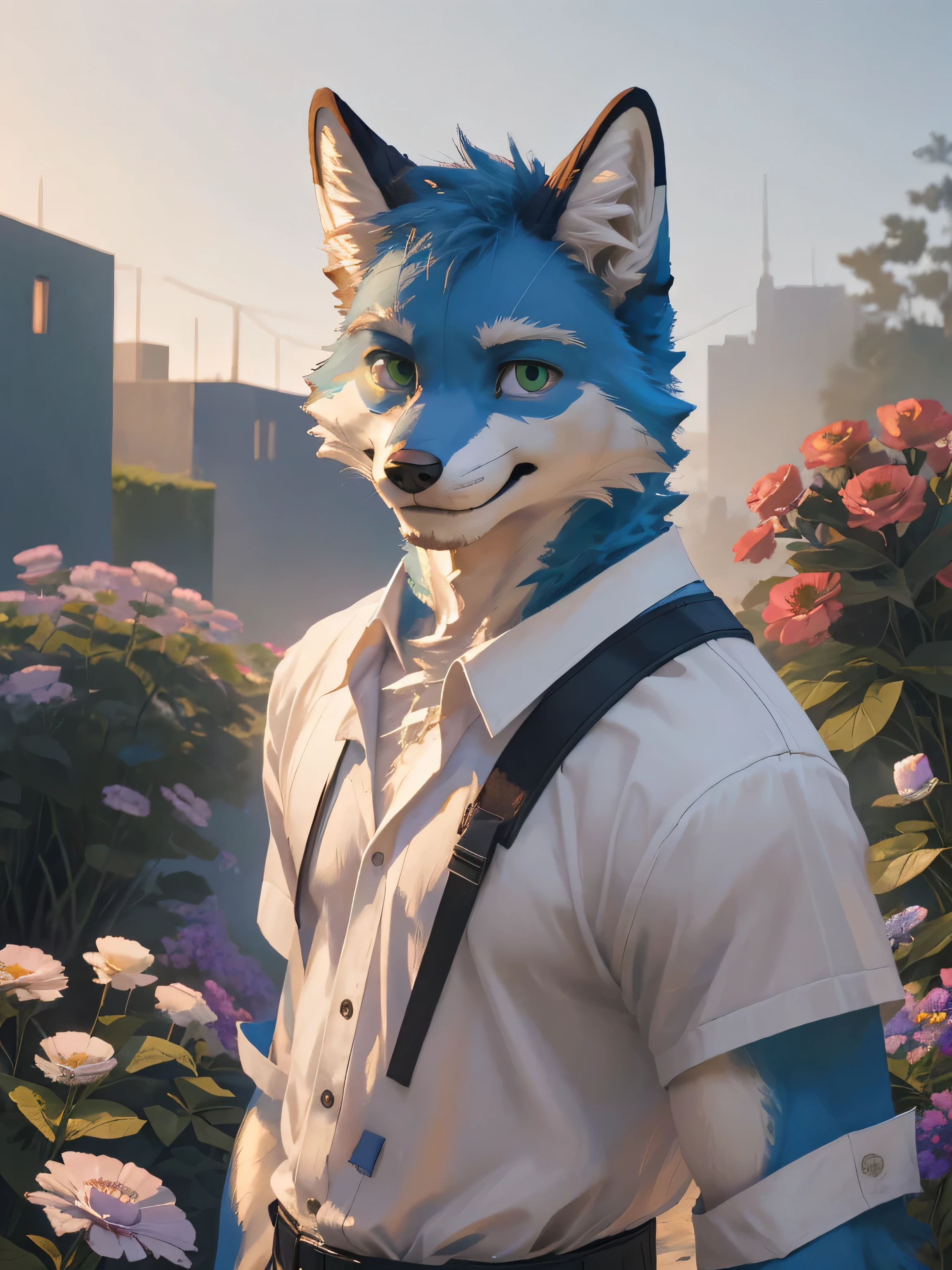 Maximum image detail,realistic atmosphere,Maximum clarity,sky,sunny weather.,flower garden,(Furry Anthro,alone,blue fur fox,man,green eyes,Wear casual clothes,Post a cheerful pose),realistic light,ย้อนlight,light,dynamic