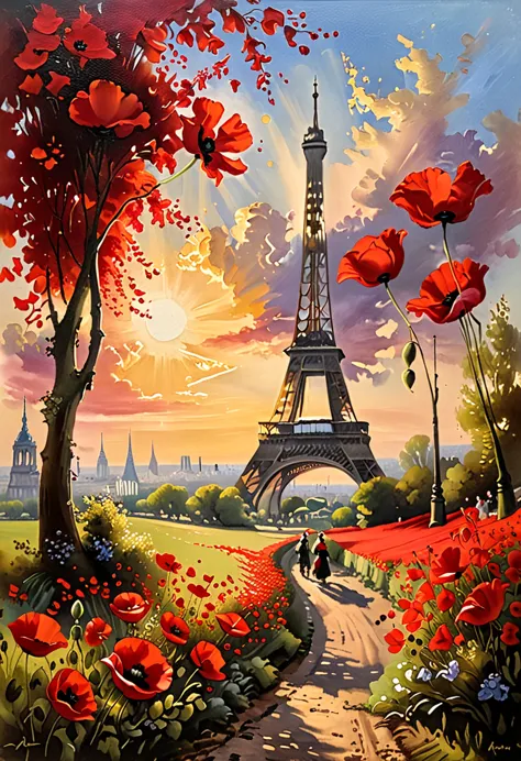 A stunning oil painting depicting a flock of bright red poppie petals soaring through the sky, their vibrant petals catching the...