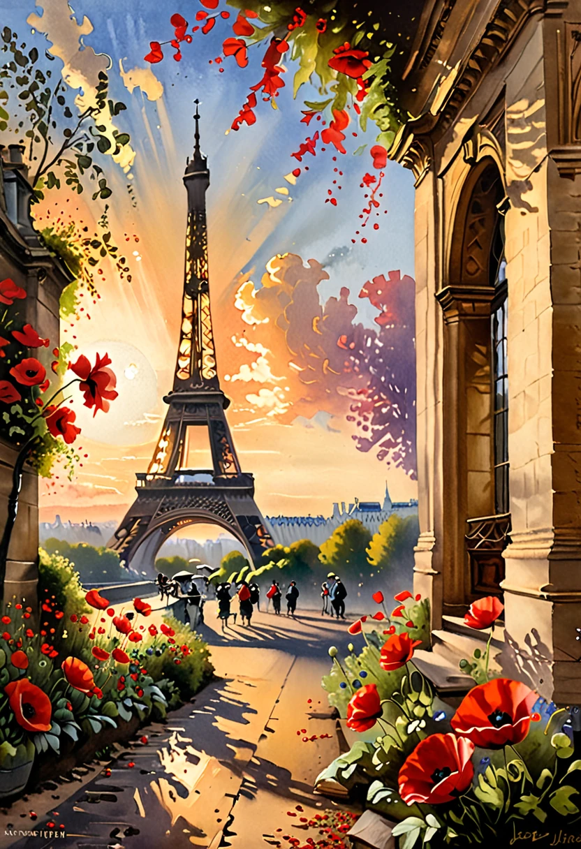 一幅令人驚嘆的油畫捕捉了希望和新開始的本質. 一群鮮豔的紅色罌粟花優雅地飛過天空, 當它們走向巴黎標誌性的艾菲爾鐵塔時，充滿活力的花瓣在陽光下閃閃發光. 這座城市沐浴在溫暖的金色光芒中, 陽光燦爛，投下長長的影子. 畫面整體氣氛充滿希望, 樂觀, 和新的開始的感覺.
J 的畫作. 威廉·恩拉茨, 格林兄弟, 讓·巴蒂斯特·蒙日, 弗拉戈納爾, 達文西