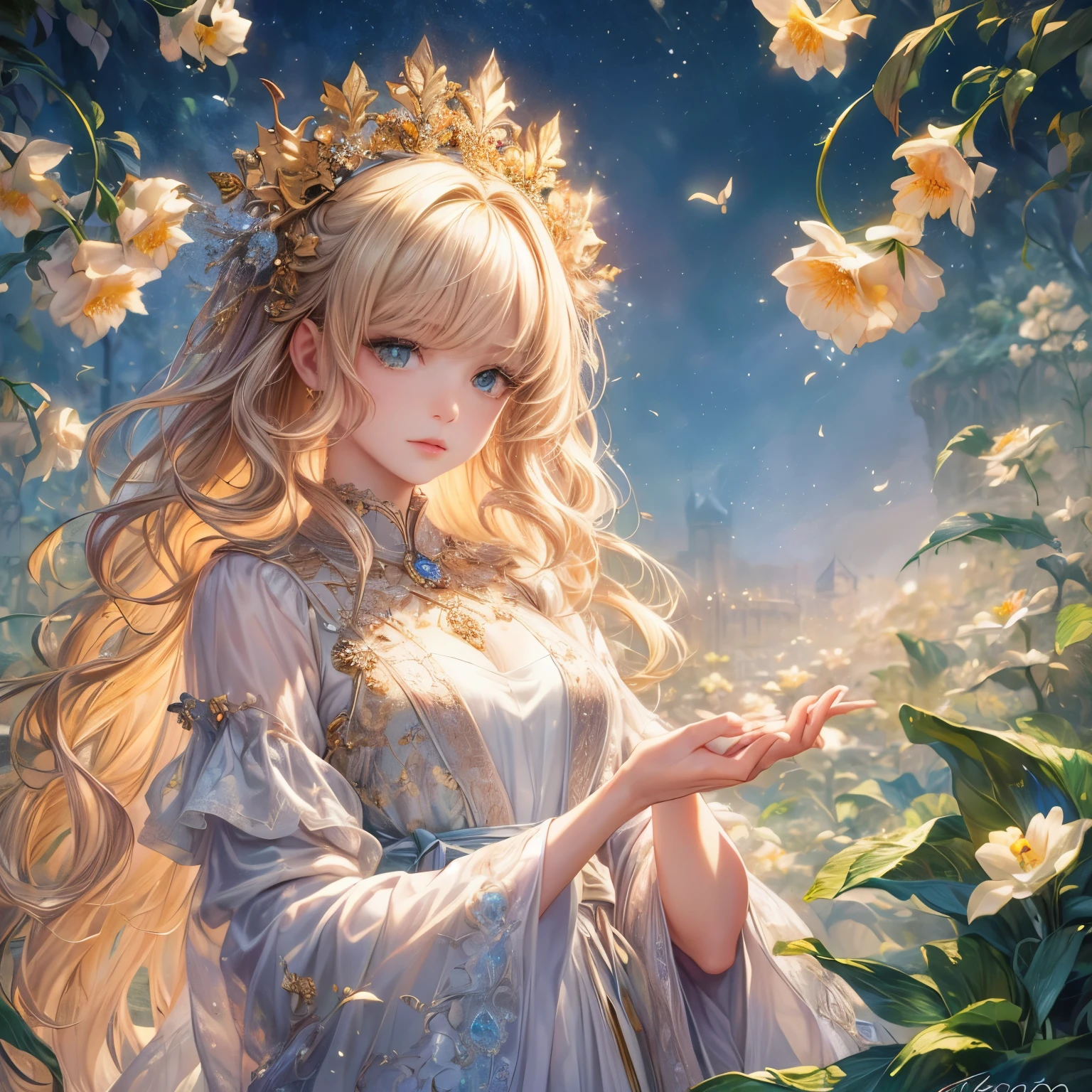 (best quality:1.4),(masterpiece:1.4),super detailed,8K,CG,Beautifully,Upper body,,thumb girl,green eyes, little princess,flowing coat dress,garden background,detailed facial features,Long curly hair,almond eyes,Fine eye makeup,long eyelashes fluttering,Sparkling star eyes,and starry gaze, Intricate lip details,The style is soft., 