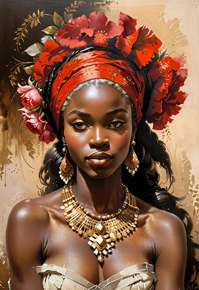 A stunning textured oil painting of a graceful and beautiful African woman. The portrait is a blend of modern and classical techniques, inspired by the masters of art history. The woman is adorned with intricate jewelry, and her facial expression conveys a mix of serenity and strength. The background is a soft, muted atmosphere, allowing the subject to stand out in her exquisite beauty.
Paintings by J. Willem Enraets, the Brothers Grimm, Jean Baptiste Monge, Fragonard, Leonardo da Vinci