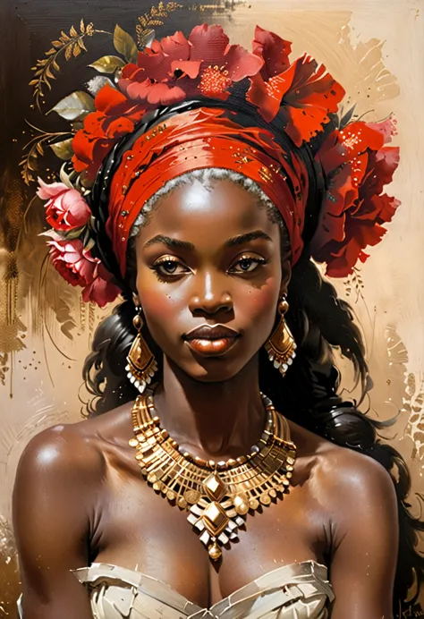 A stunning textured oil painting of a graceful and beautiful African woman. The portrait is a blend of modern and classical tech...