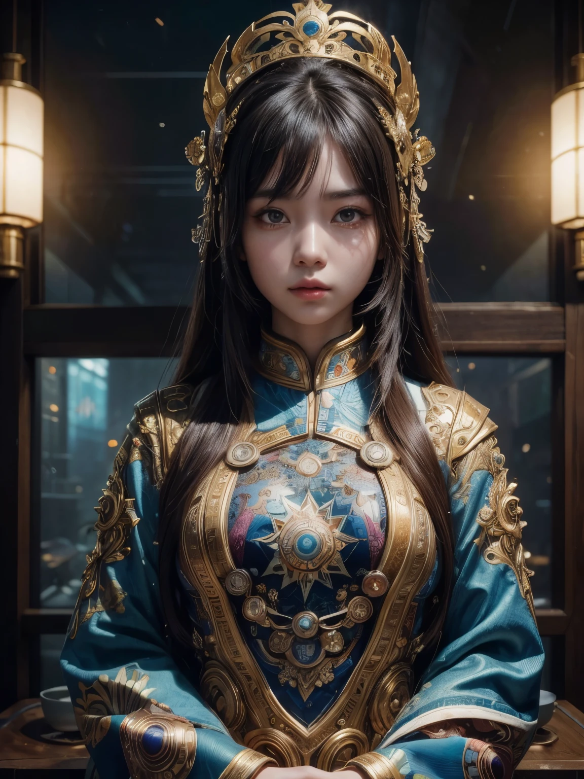 (high quality), (masterpiece), (detailed), 8K, Hyper-realistic portrayal of a futuristic (1girl1.2), Japanese character in a batik-inspired environment. Meticulous details capture the seamless blend of tradition and innovation in this visually stunning composition. Trending on Artstation.