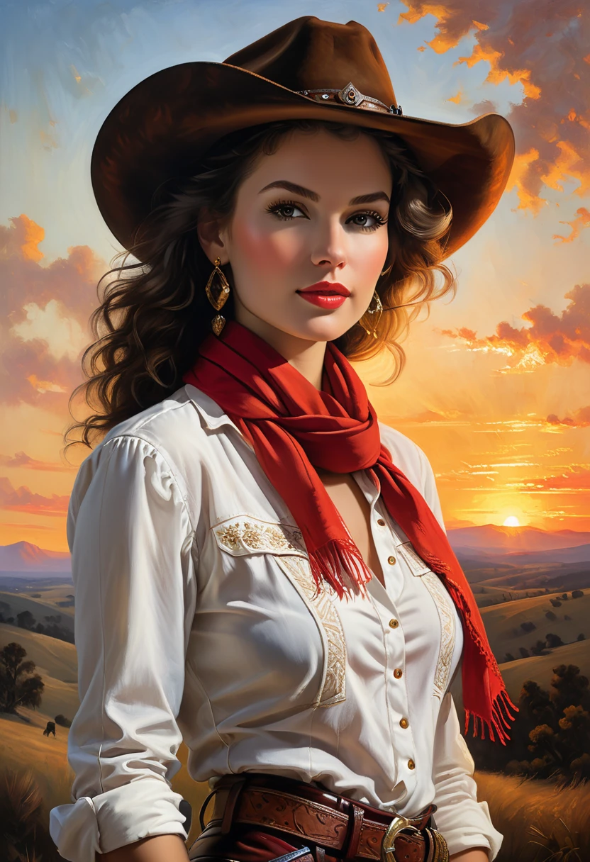 Ein bezauberndes Ölgemälde eines selbstbewussten und modischen Cowgirls, Sie steht groß und stark da mit ihrem breitkrempigen Hut und dem wehenden roten Schal. Das Cowgirl strahlt Eleganz und Kraft in ihrem strahlend weißen Hemd und der engen Lederhose aus. Ihr intensiver Blick und ihre dunklen Wimpern vermitteln ein Gefühl von Widerstandskraft und Entschlossenheit. Der atemberaubende Sonnenuntergang wirft ein warmes, goldenes Licht auf die ruhige Szenerie aus sanften Hügeln und einem fernen Horizont.. Das Kunstwerk ist eine bemerkenswerte Mischung aus dem dynamischen Wolp-Stil und der meisterhaften Technik von Rembrandt, mit seinen satten Farben, komplizierte Details, und kraftvolle Präsenz.