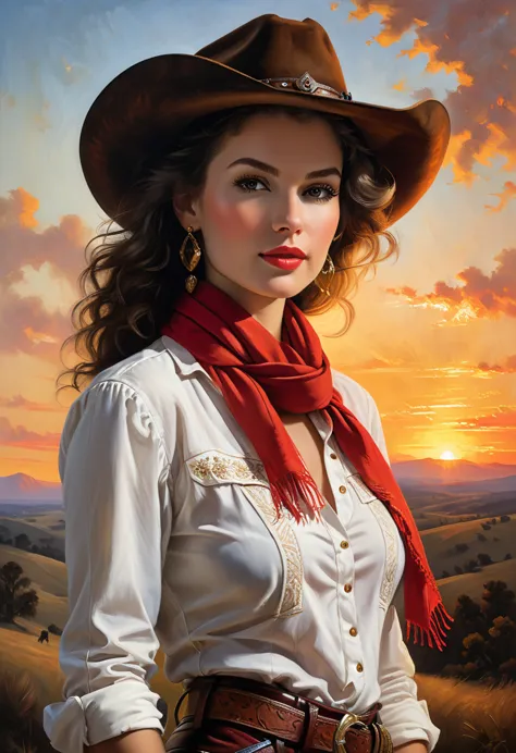 a captivating oil painting of a confident and fashionable cowgirl, standing tall and strong with her wide-brimmed hat and flowin...