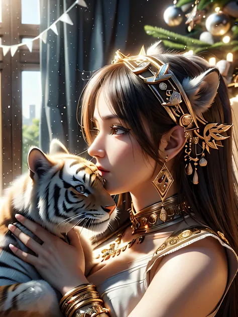 ((best quality)), (details), (3d), (Headshot), (Profile picture), (close up), Beautiful Middle Eastern woman holds a tiger&#39;s...