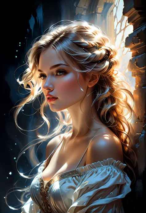 fluorescent horizon,
A captivating and cinematic illustration of a woman with cascading locks of hair, flowing gracefully down h...