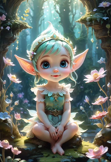 fluorescent horizon,
A captivating and adorable illustration of a kawaii-style baby elf, with oversized eyes and a gentle smile....
