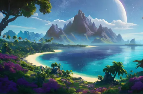 vista arafada de uma ilha tropical com uma praia e uma lua, epic matte painting of an island, epic dreamlike paisagem de fantasi...