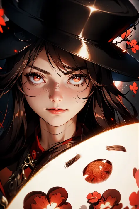 1 girl solo, brown jacket, long brown hair, red eyes, brown hat with red flowers, white ghost smiling, red flowers around