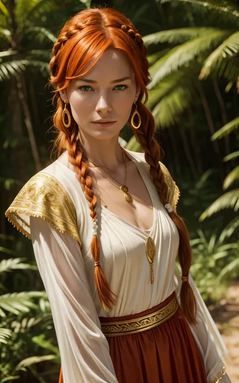 flamme, (young lena headey:evangeline lilly), a 35-year-old woman with orange hair, green eyes, sideburns, one large braid, a go...