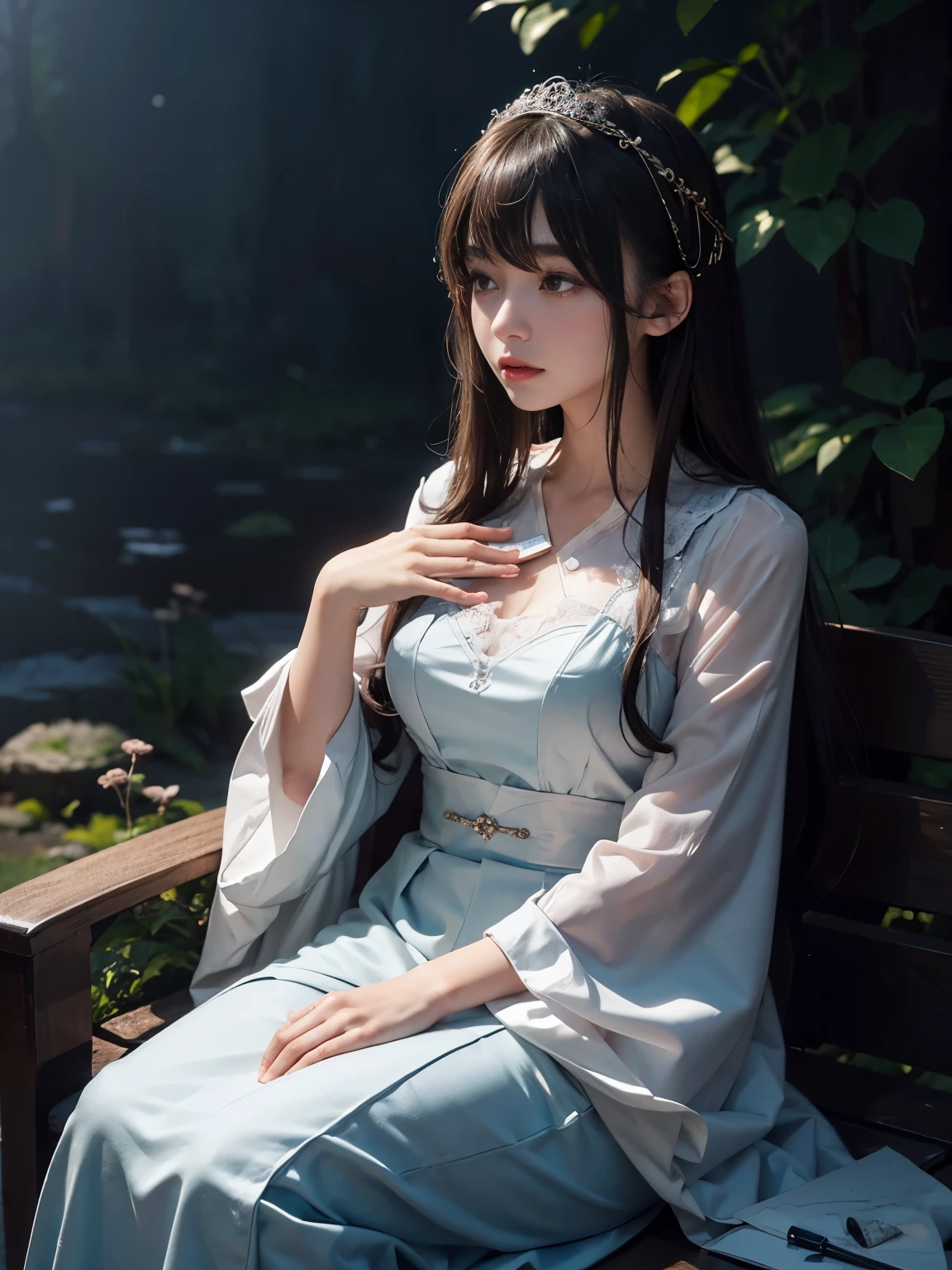 (highest quality, 8K, realistic:1.2), Japan teenage girl in foggy forest at night, (fine skin, Sweet Lolita Dresses), (long hair:1.3, short bangs), (mysterious lighting, deep fog:1.4), 8K Filmlike, Capturing the essence of a Japanese teenage girl in the fog of the night forest, adorned in a delicate Sweet Lolita Dresses, with long flowing hair and short bangs. The fine skin is meticulously depicted in high resolution, exuding a realistic quality. The spectacle is enveloped in a mysterious atmosphere, with deep fog enveloping the surroundings, Create a mysterious atmosphere under enchanting lighting