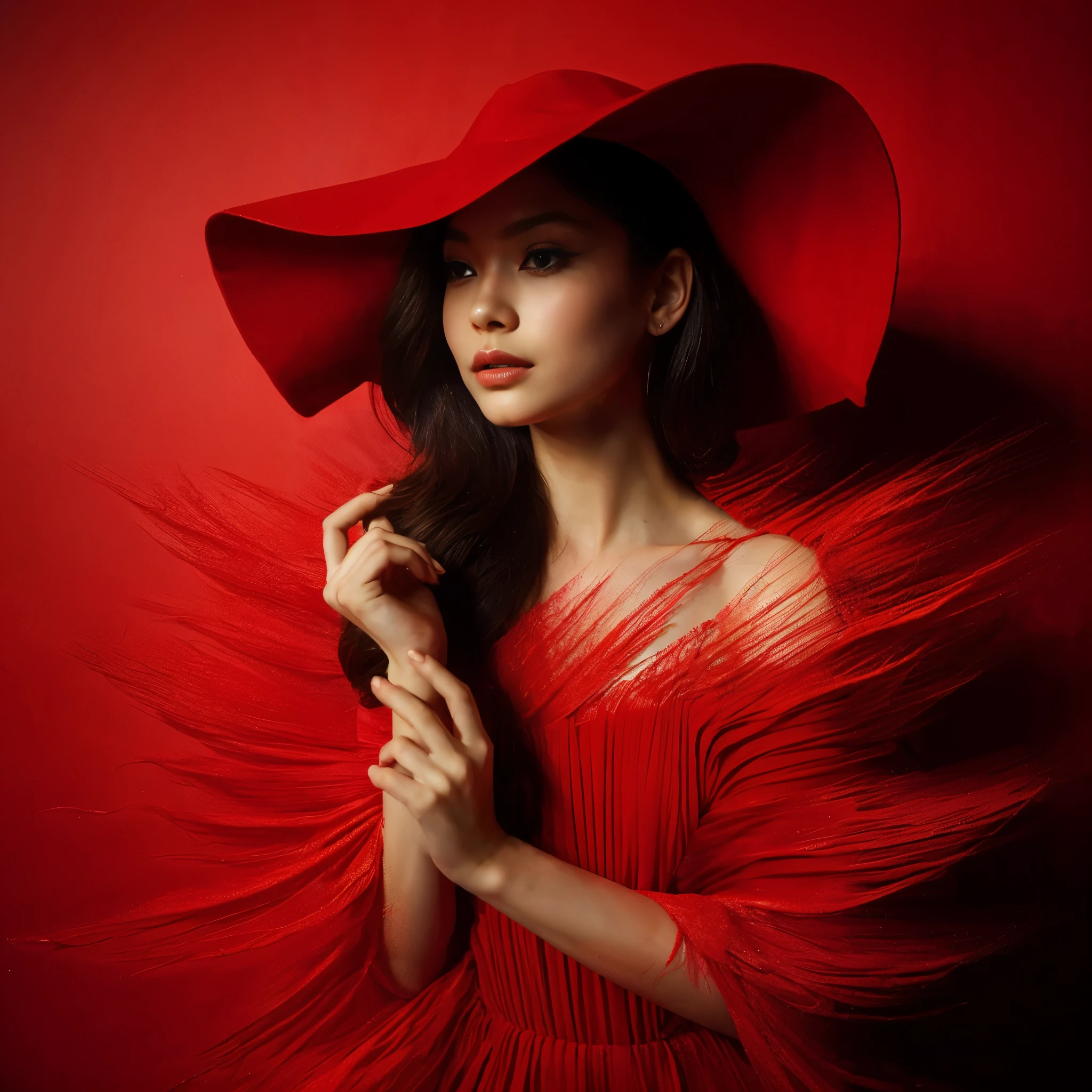 surealism style, a beautiful asian woman in a red dress, wearing a big red hat on the right, the dress is made of red background, the dress blends with the background, looking up poses,
in a clever use of negative space style, I can't believe how beautiful this is, the light from the front, the red background,
high contrast, photo studio, sharp, detailed and intricate shapes --ar 29:43 --v 6.0