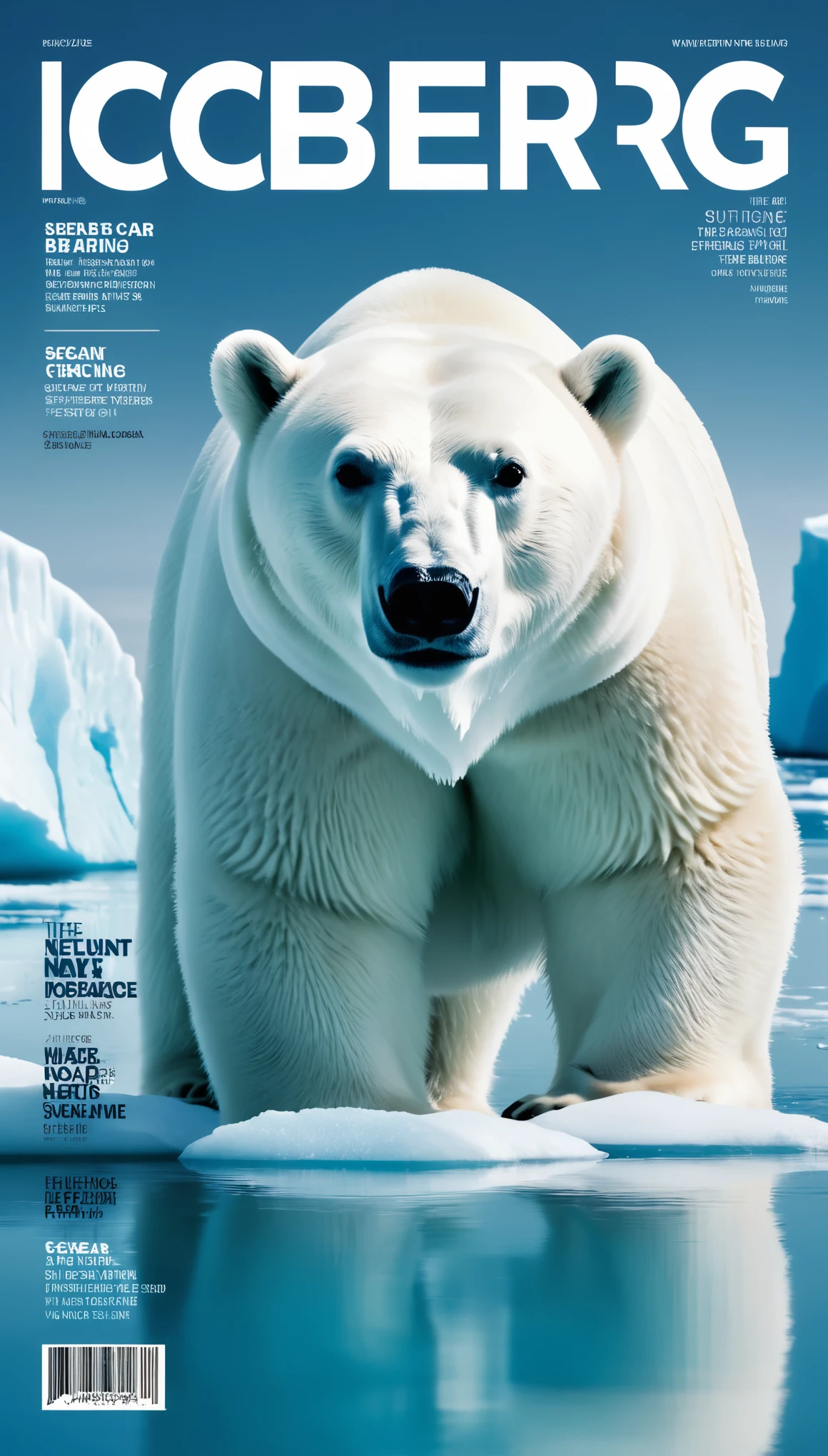 Fashion magazine cover design，Iceberg and polar bear，a colorful butterfly，text，barcode，Stylish and simple，The theme highlights caring for the environment