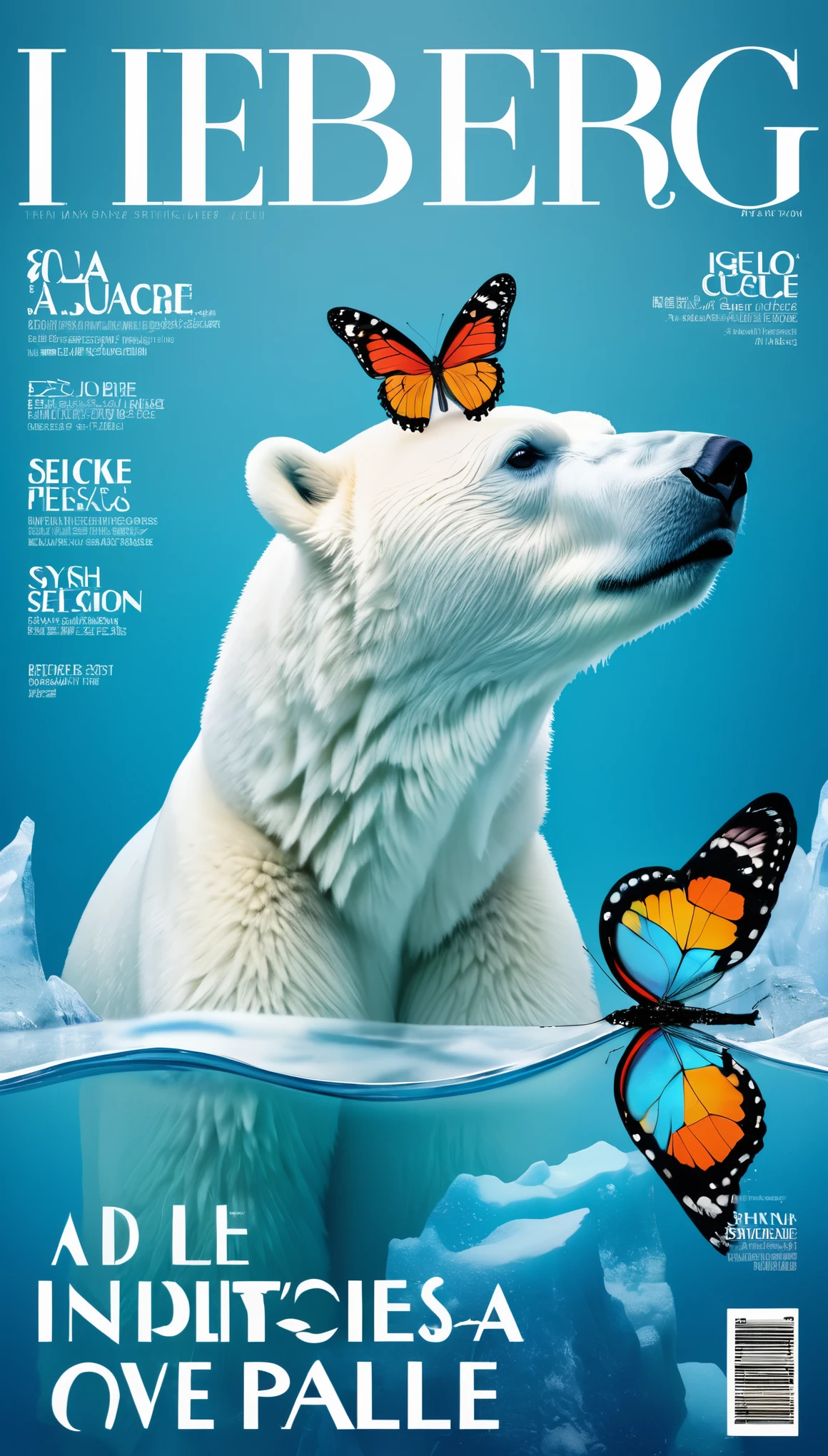 Fashion magazine cover design，Iceberg and polar bear，a colorful butterfly，text，barcode，Stylish and simple，The theme highlights caring for the environment