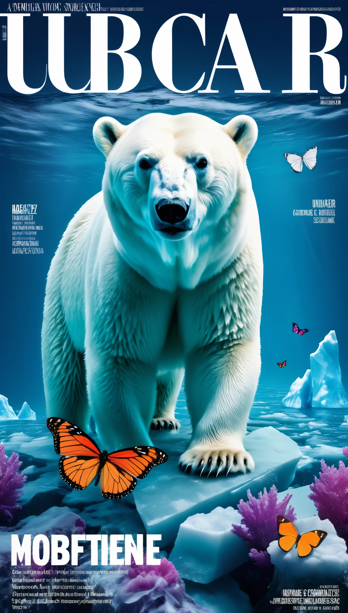 Fashion magazine cover design，Iceberg and polar bear，a colorful butterfly，text，barcode，Stylish and simple，The theme highlights caring for the environment