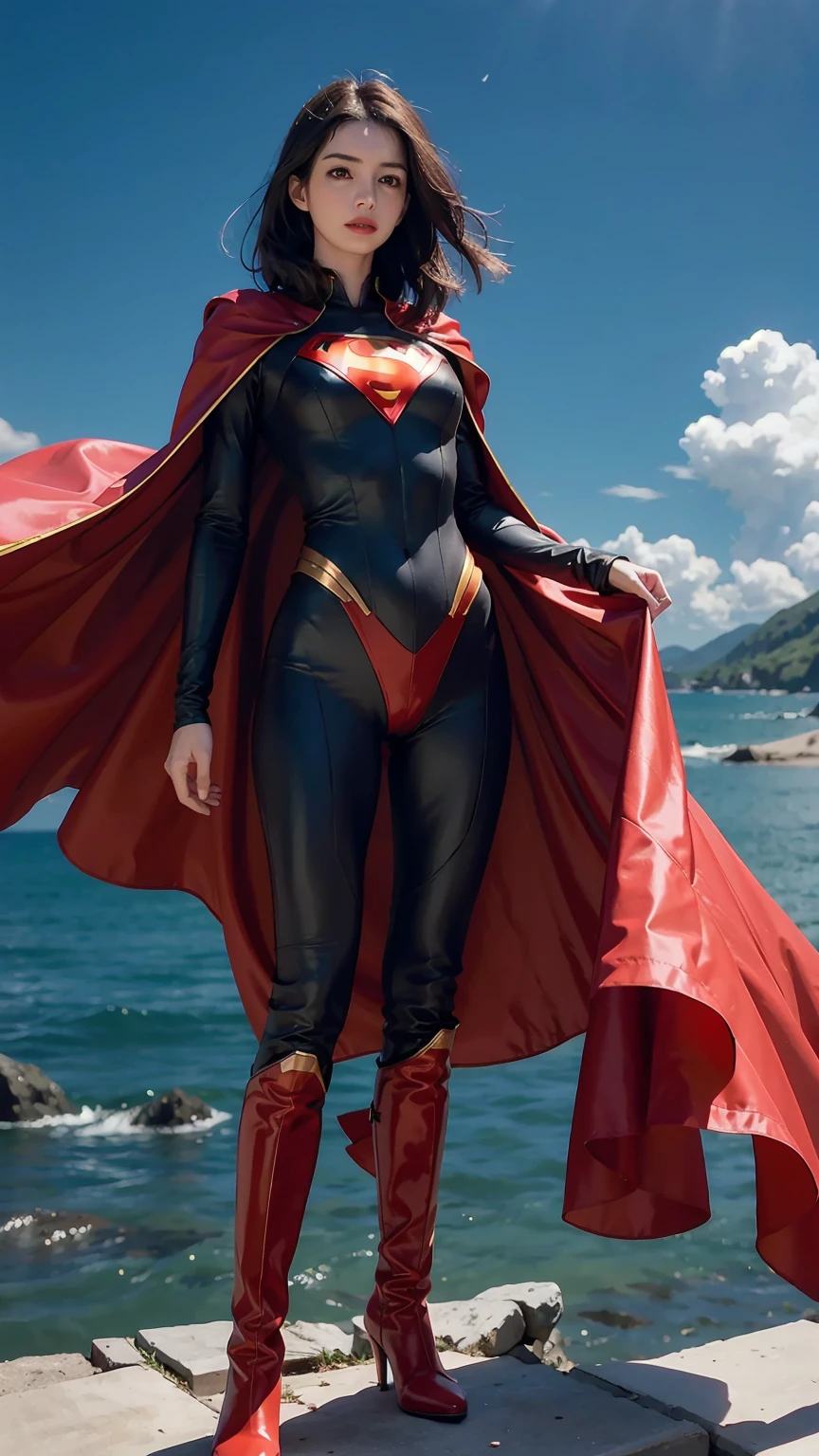 Anne Hathaway wearing detailed and glossy SuperMan costume with full ...